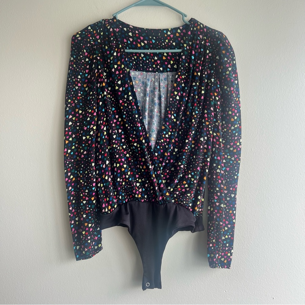 AFRM Surplice Long Sleeve Black Bodysuit Multicolored Hearts Womens Size Medium